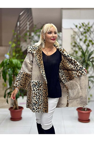 Punta Otantik YG4180 Leopar Desenli İçi Kürklü Kapamasız İtalyan Nubuk Kaban Taş
