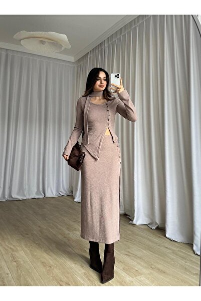 Mooi Butik Candis Knitwear Scarf Set 8512 - Mink