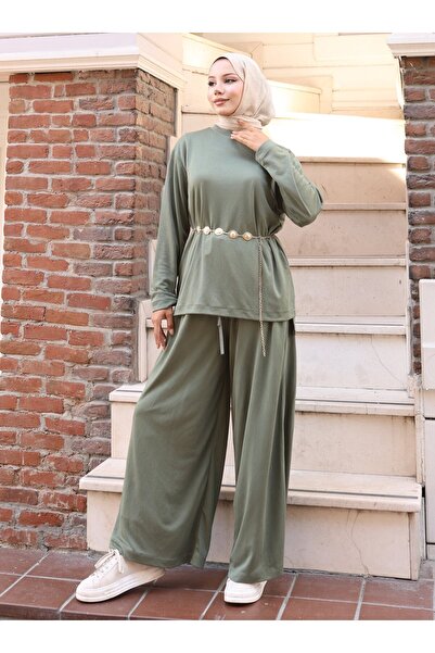 VAV Slitted Blouse and Pants Set - Khaki -