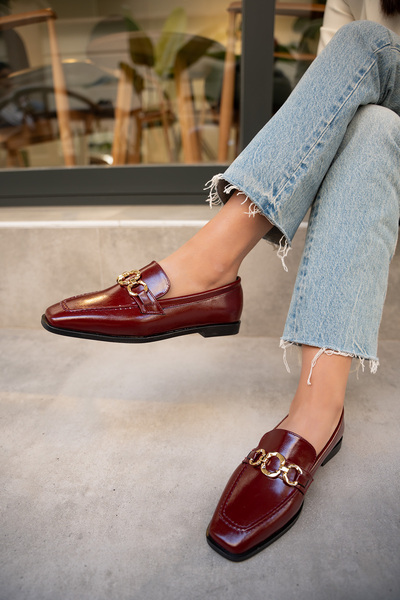 LAMİNTA Biens Flat Sole Burgundy Leather Gold Detailed Women's Shoes
