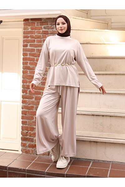VAV Slitted Blouse and Pants Set - Stone Color -
