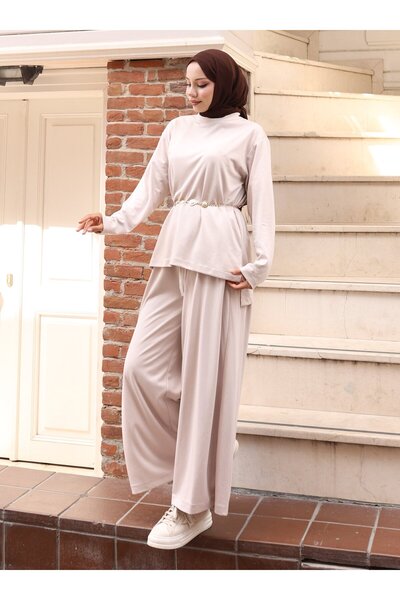 VAV Slitted Blouse and Pants Set - Stone Color -
