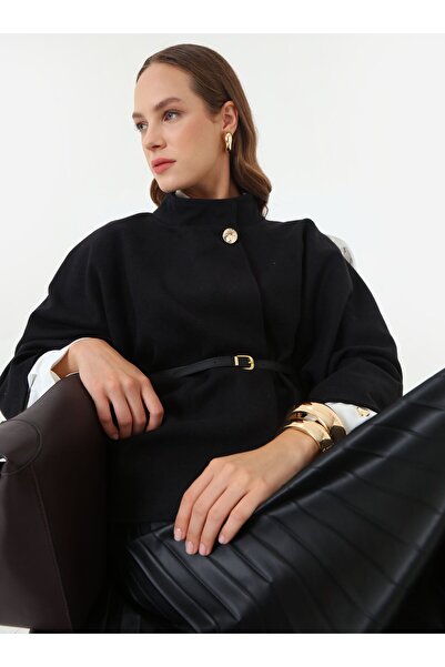 Refka Leather Belted Gold Buttoned Cape Coat - Black -