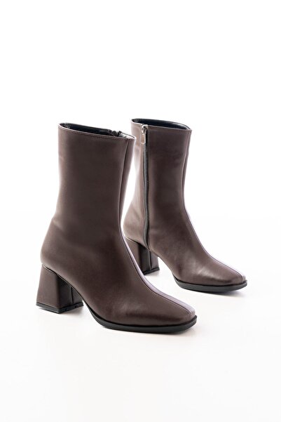 Aymood Msk-032 Coffee Heeled Women's Zippered Boots