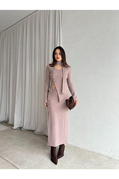 Mooi Butik Candis Knitwear Scarf Set 8512 - Mink