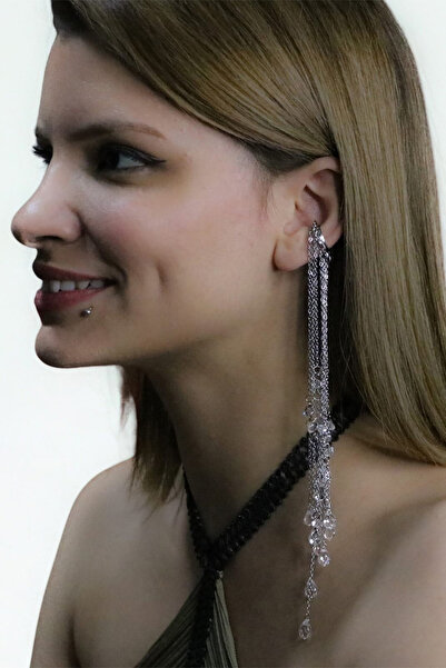 Cadının Dükkanı Kristal Taşlı Zincir Akışı Cerrahi Çelik EarCuff Küpe