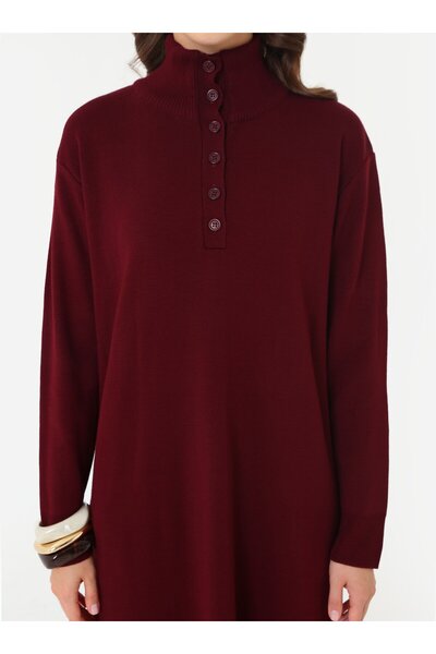 Refka Button Detailed High Neck Knitwear Hijab Dress - Burgundy -