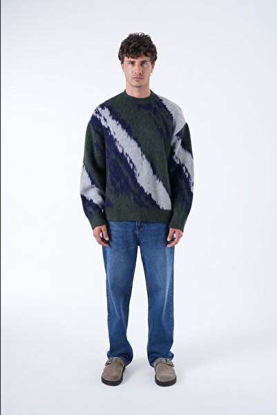 2512 Clothing Unisex Abstract Patterned Furry Oversized Knitwear Sweater