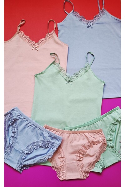 Demirsa Boutique Lace Cotton V-Neck Rope Strap L Stretch Fabric Women's Tank Top-Panty Set Green, Blue and Powder Color Set of 3
