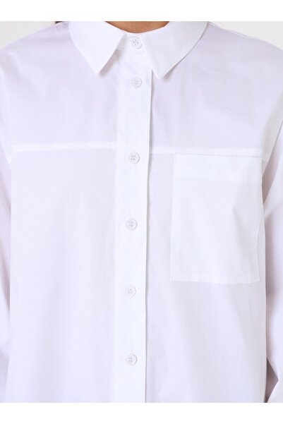 Benin Poplin Kumaş Cep Detaylı Uzun Basic Bluz / Gömlek - Beyaz -