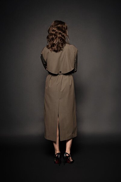 Thalure Kadın Haki Kemerli Yırtmaçlı Uzun Trençkot