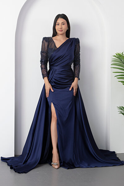 PULLIMM Double Breasted Collar Beading Detail Satin Dress Dmn5187