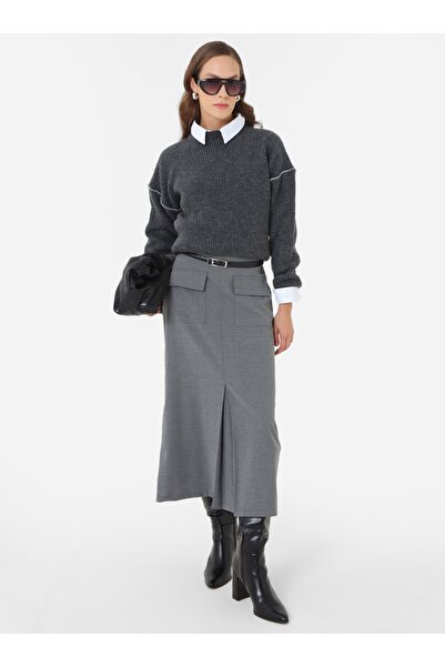 Benin Dikiş Detaylı Düşük Omuzlu Triko Kazak - Antrasit -