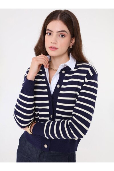 Refka Πλεκτή ζακέτα με ριγέ χρυσό κουμπί - Μπλε ναυτικό -