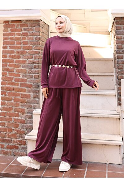 VAV Slitted Blouse and Pants Set - Purple -