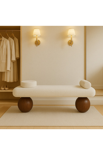 Trihome Modern Lüks Tasarım Bench – Ceviz Top Ayaklı Bouclé Döşemeli Oturma B...