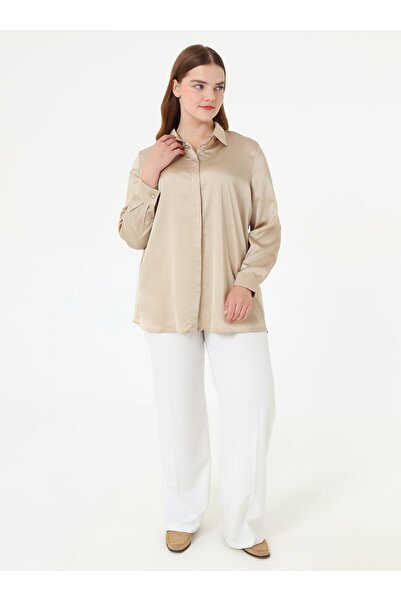 ALİA Plus Size Button Detailed Satin Tunic - Kumtasi -