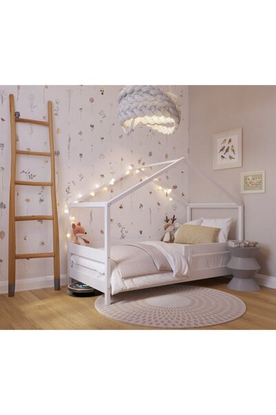 YappyKids Patut tip casuta din lemn junior, 160x80 cm, Transformabil in casuta de joaca, Alb