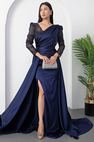 PULLIMM Double Breasted Collar Beading Detail Satin Dress Dmn5187