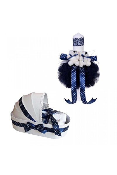 BebeNou Set de botez în leagăn și lumânare cu ursuleți, băieți bleumarin