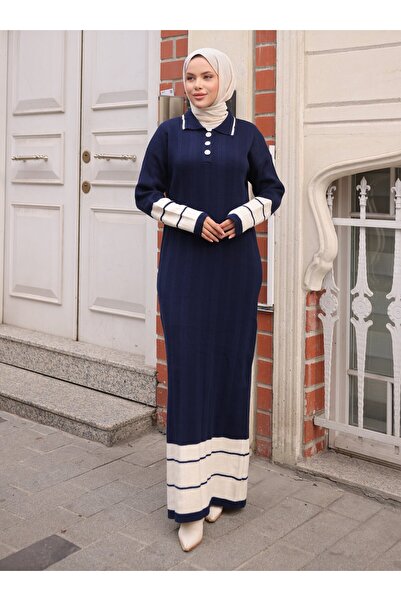 SAHRA BUTİK Front Buttoned Knit Dress - Navy Blue -