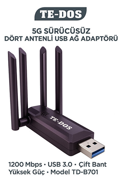 TE DOS 4 Antenli Kablosuz İnternet Sağlayıcı USB WiFi Wireless Adaptör Çift Bantlı 1200m
