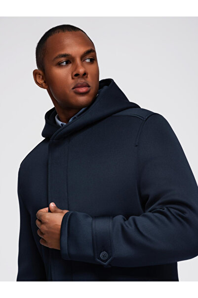 OMBRE Pánský minimalistický kabát střední délky s kapucí - tmavě modrý V5 OM-COLC-0144
