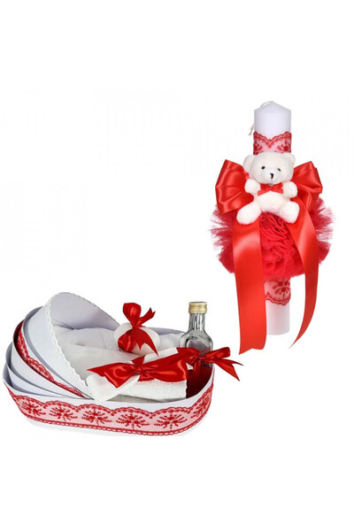 BebeNou Σετ Λαμπάδας & Προίκας Βάπτισης για Κορίτσια, Κόκκινο Διακοσμητικό Δα...