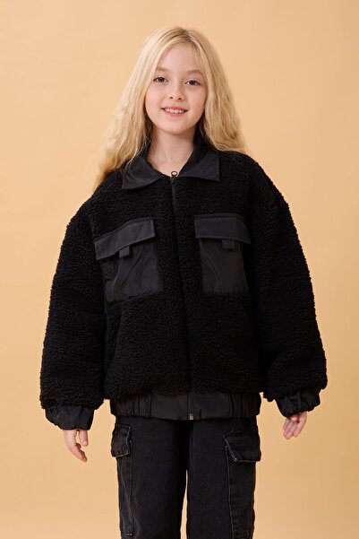 Perendi Πουκάμισο για κορίτσια με γιακά και τσέπες βελούδινο χειμερινό παλτό μαύρο