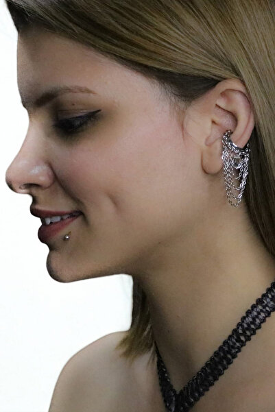 Cadının Dükkanı Kristal Taşlı Çok Katlı Zincirli Cerrahi Çelik EarCuff Küpe