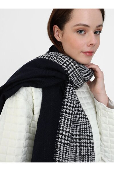 Tuva Double Sided Houndstooth Shoulder Shawl - Navy Blue -
