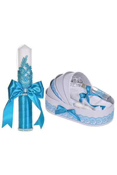 BebeNou Set elegant pentru botez, lumânare cu mărgele și cutie pentru leagăn,...