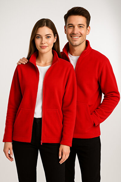 KaeLaurean Unisex Kırmızı Anti-pilling Tüylenme Yapmayan Standart Fit Tam Fermuarlı Soğuk Geçirmez Polar Hırka