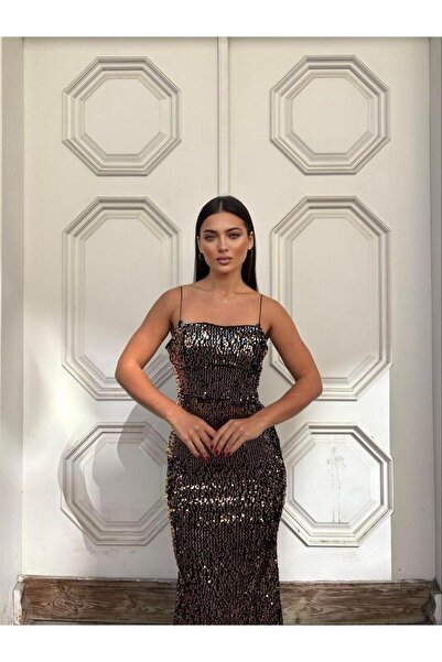 SELİN MODA EVİ Trend Kadife Balık Elbise BAKIR 583220