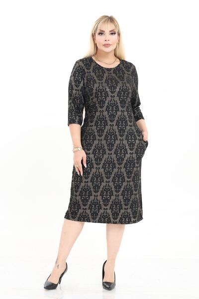 modayız Çift Cepli Desenli Esnek Kışlık Büyük Beden Midi Elbise 16C-2723
