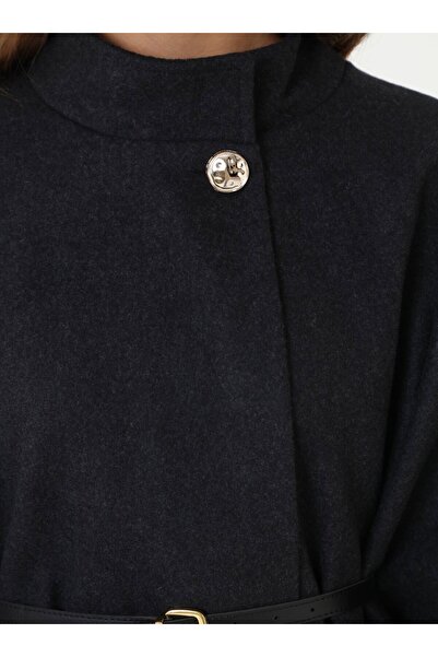 Refka Leather Belted Gold Buttoned Cape Coat - Anthracite -