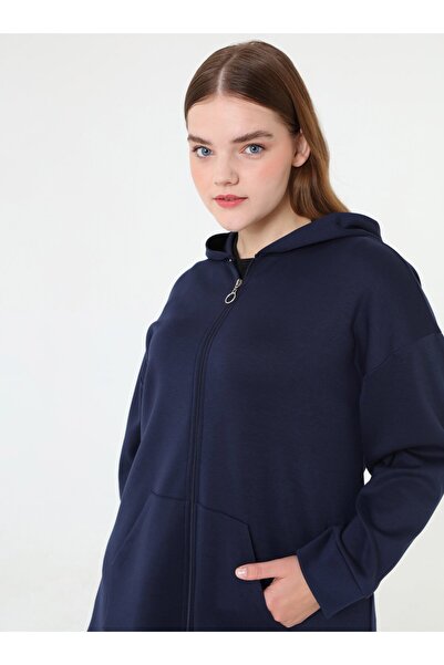 ALİA Fermuarlı Kapuşonlu Spor Sweatshirt&Pantolon Büyük Beden Takım - Lacivert -