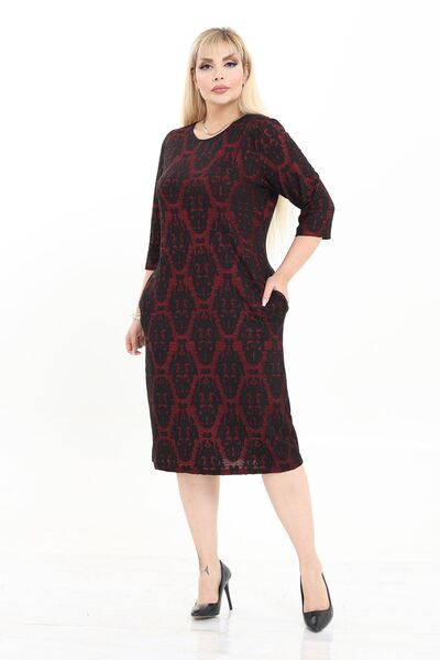 modayız Double Pocket Patterned Stretchy Winter Plus Size Midi Dress 9E-2721