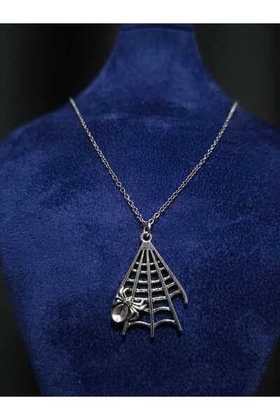 sarıyer silver Spider Web Design Spider Detail Embroidered Halloween Halloween Themed Stylish Steel Necklace