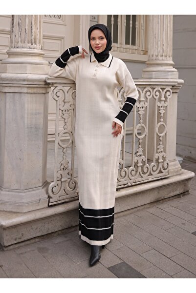 SAHRA BUTİK Front Buttoned Knit Dress - Ecru -