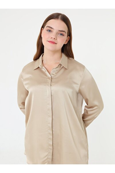 ALİA Plus Size Button Detailed Satin Tunic - Kumtasi -