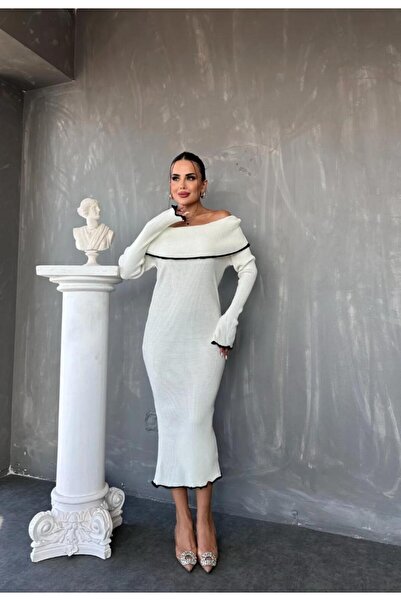 TRENDLİA Çizgi Detaylı Madonna Yaka Uzun Kol Midi Boy Triko Elbise