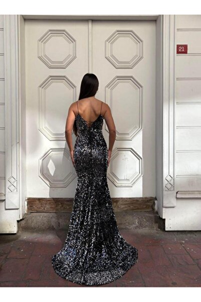 SELİN MODA EVİ Trend Kadife Balık Elbise SİYAH GÜMÜŞ 583220