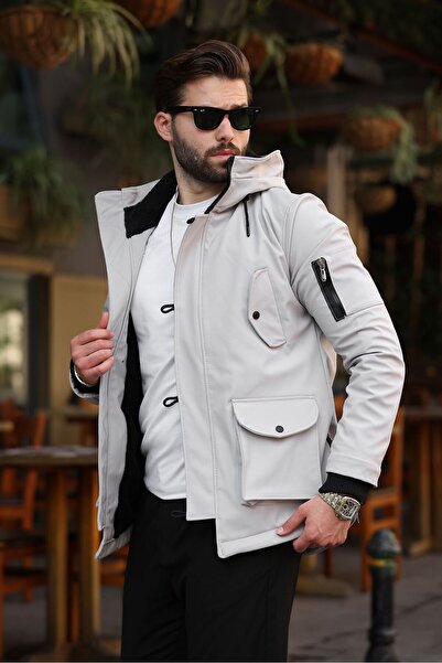 Fiyesmen Softshell Kumaş Suya Soğuğa Dayanıklı Kapüşonlu Kısa Parka Kaban-1128