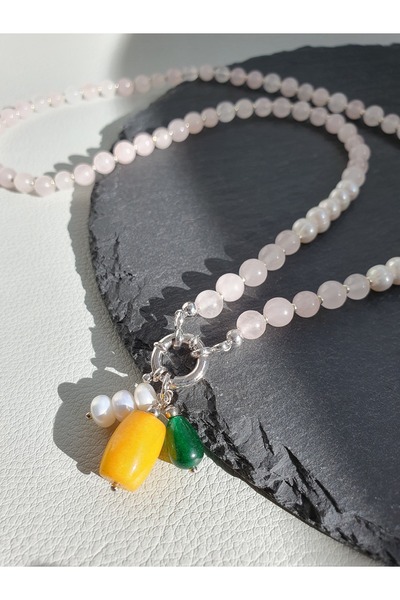 Abundo Necklace made of rose quartz, cultured pearls and jade with 925 silver, 60 cm