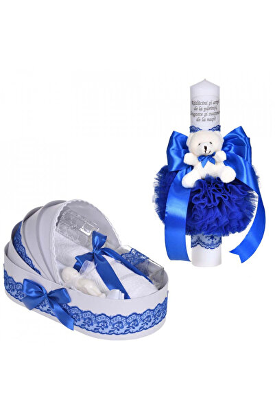 BebeNou Σετ Βάπτισης με Μπλε Δαντέλα και Λαμπάδα από την Denikos®