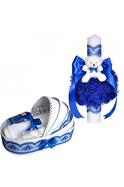 BebeNou Set lumânare și cufăr de botez pentru băieți cu decor din dantelă