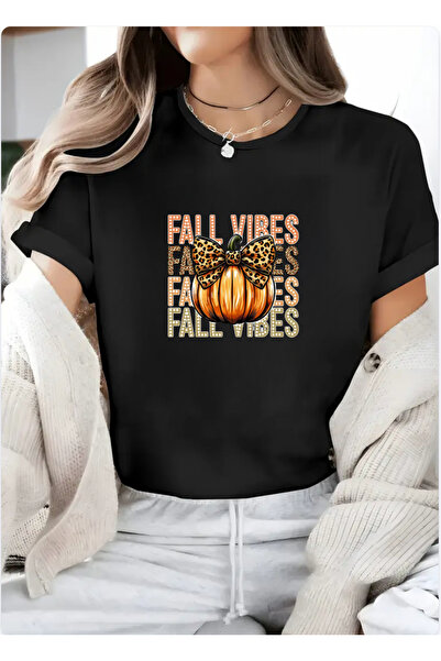 wonderbb Tricou dama 100% bumbac "Fall vibes autumn" Negru