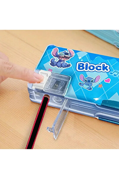 BALCI HEDİYELİK Stitch Cartoon Character Pencil Case with Sharpener for Kids Pen Holder Blue Pencil Case