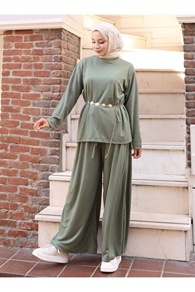 VAV Slitted Blouse and Pants Set - Khaki -